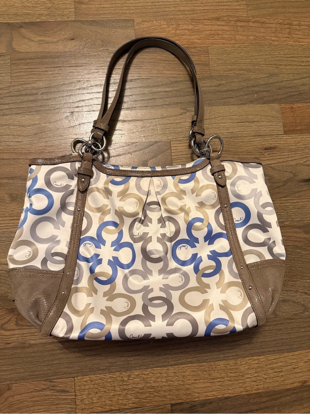 Coach Beige Blue Signature Print Alexandra Tote Bag